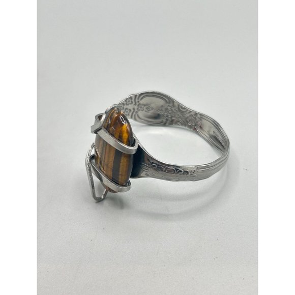 Flatware Jewelry Handcrafted Fork Bangle Bracelet Tiger Eye Stone Primitive - Picture 2 of 11